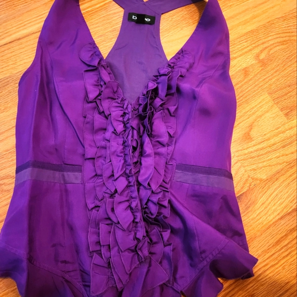 Bebe purple tuxedo corset top with racer back. 100% silk